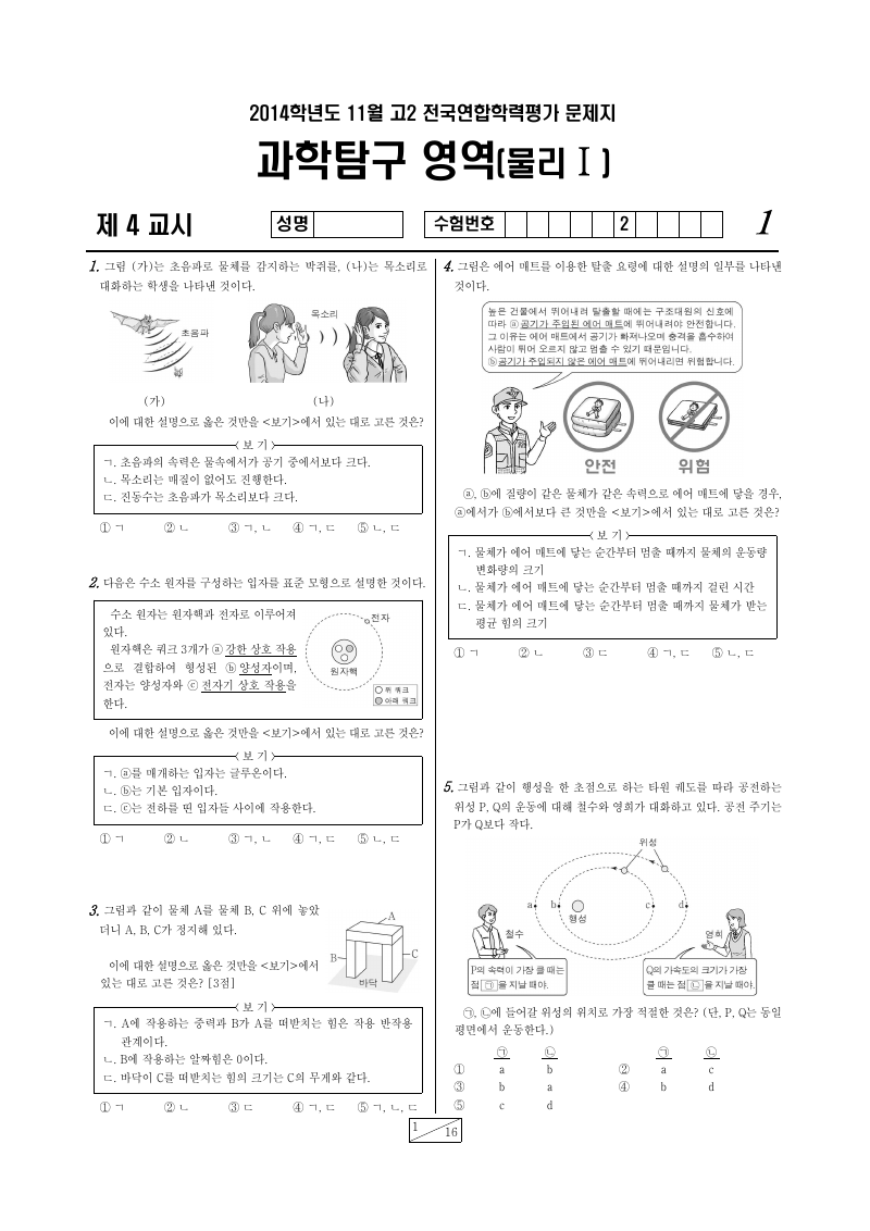 2014년 11월 고2 학력평가 물리학1 시험지 첫 페이지