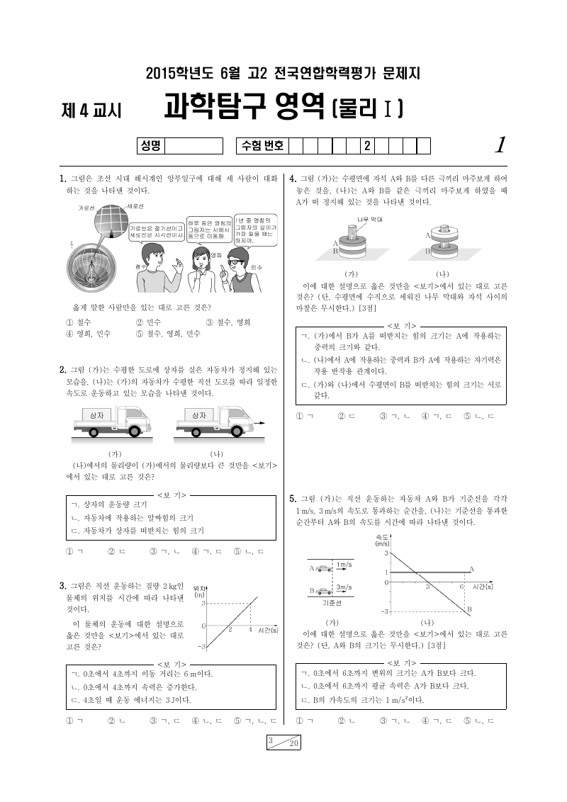 2015년 6월 고2 학력평가 물리학1 시험지 첫 페이지