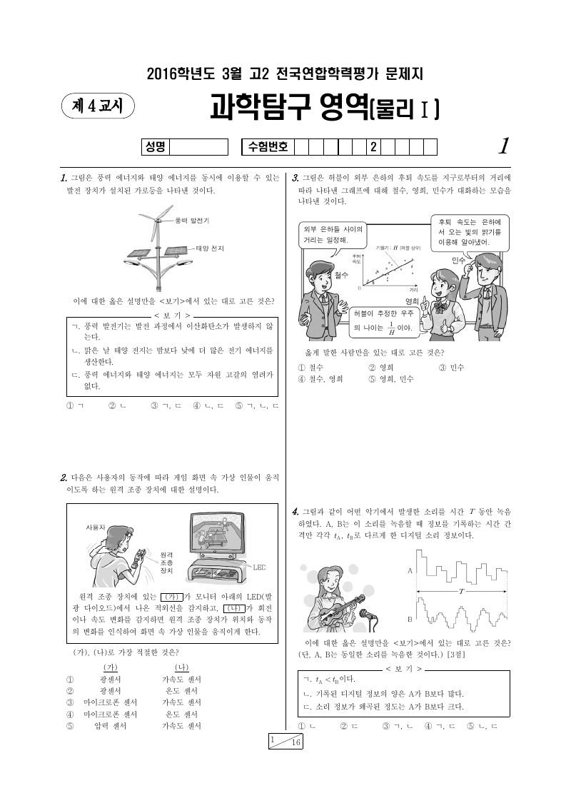 2016년 3월 고2 학력평가 물리학1 시험지 첫 페이지