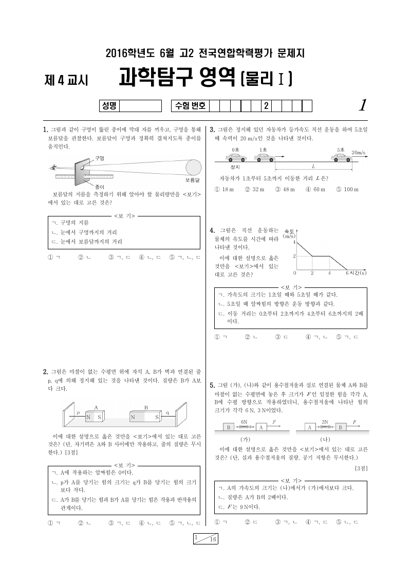 2016년 6월 고2 학력평가 물리학1 시험지 첫 페이지