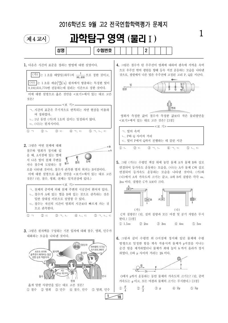 2016년 9월 고2 학력평가 물리학1 시험지 첫 페이지