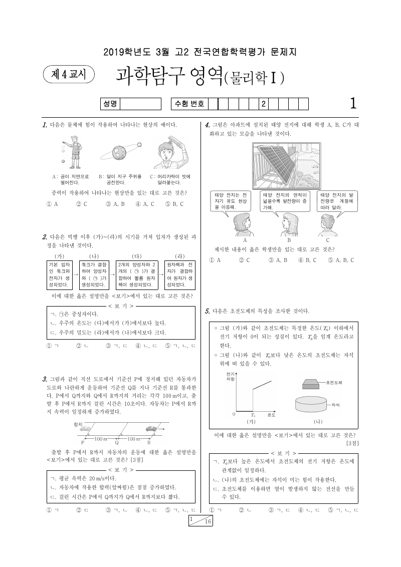 2019년 3월 고2 학력평가 물리학1 시험지 첫 페이지