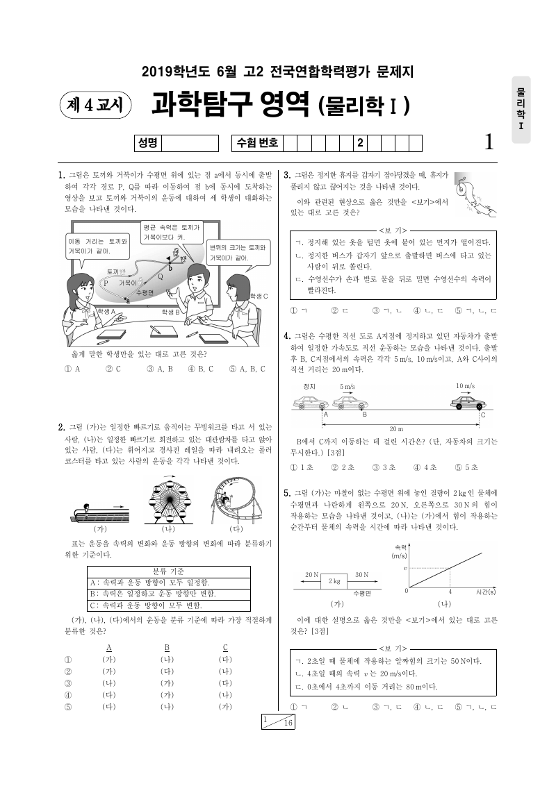 2019년 6월 고2 학력평가 물리학1 시험지 첫 페이지