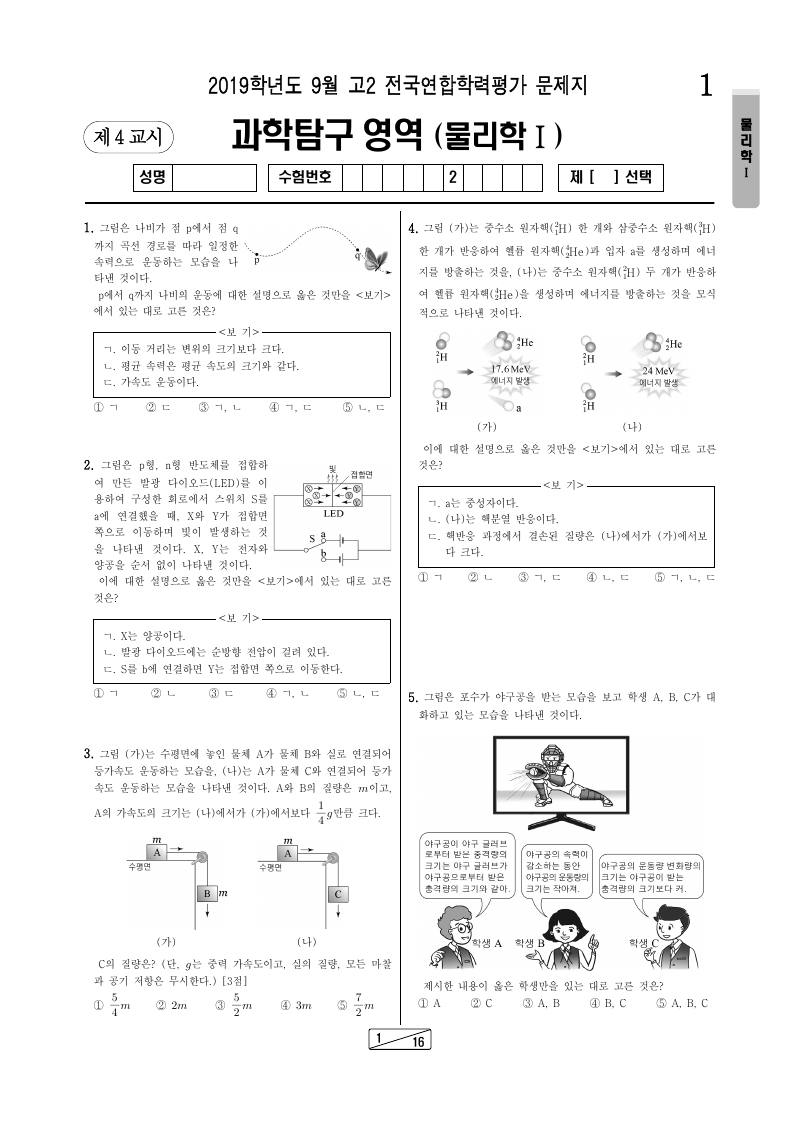 2019년 9월 고2 학력평가 물리학1 시험지 첫 페이지
