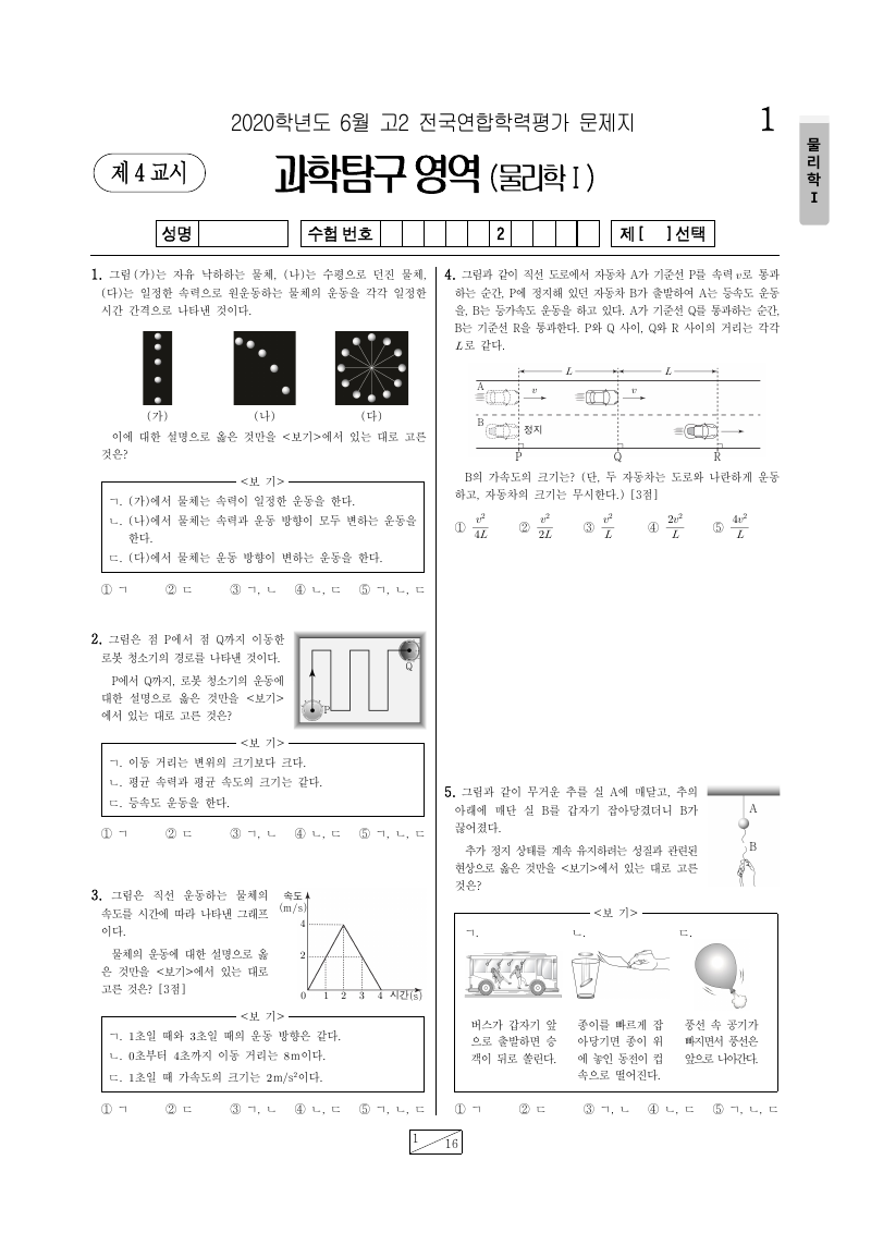 2020년 6월 고2 학력평가 물리학1 시험지 첫 페이지