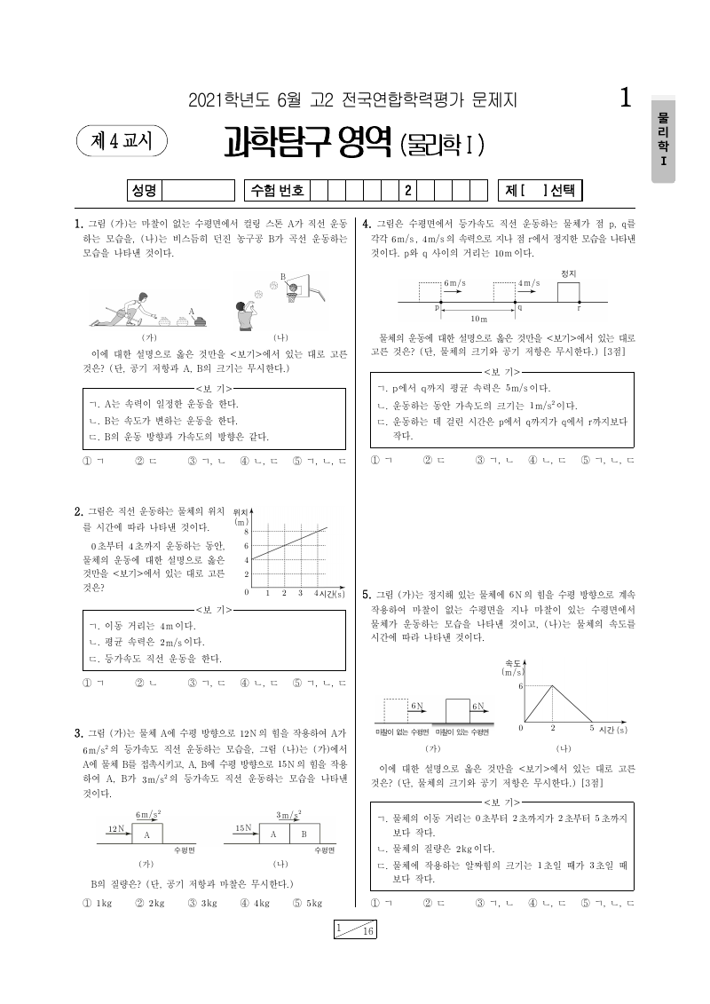 2021년 6월 고2 학력평가 물리학1 시험지 첫 페이지