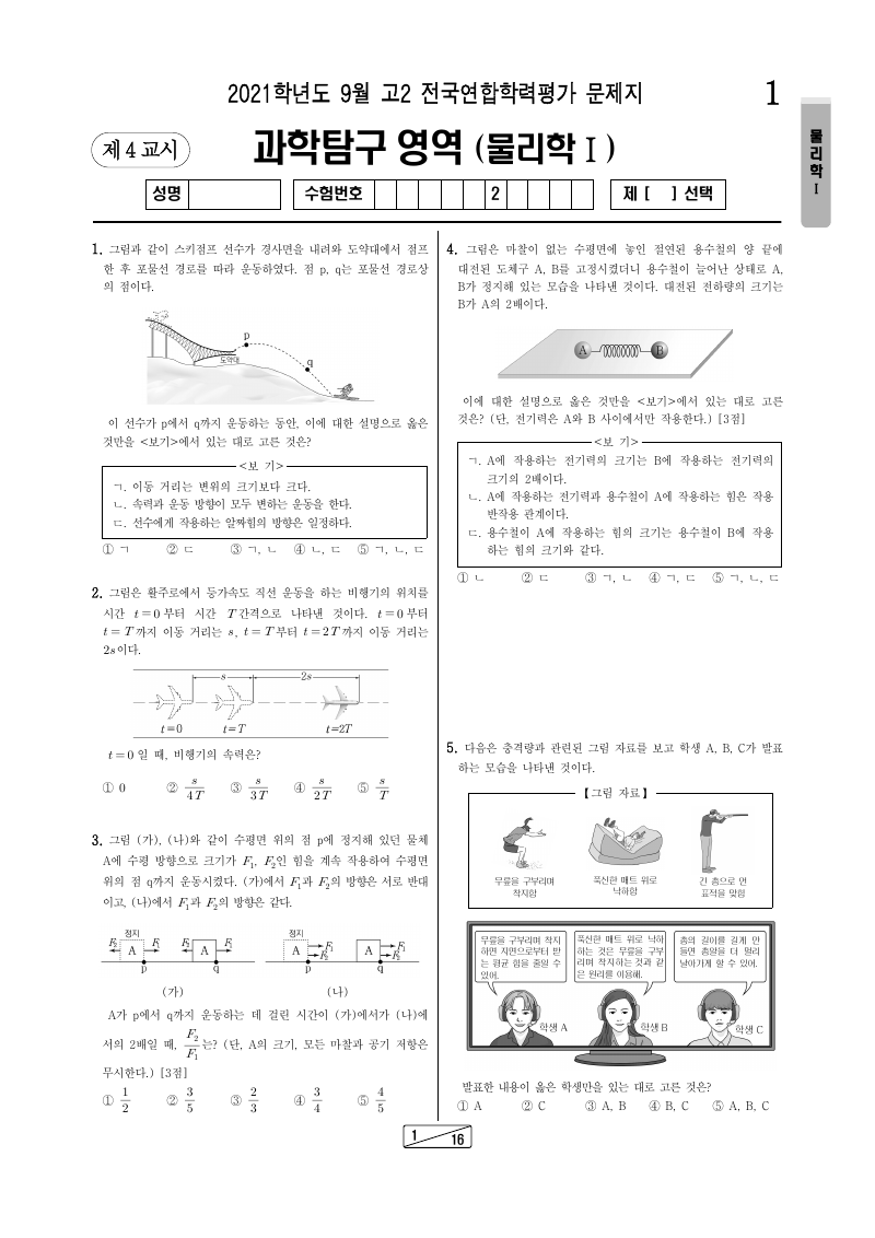 2021년 9월 고2 학력평가 물리학1 시험지 첫 페이지