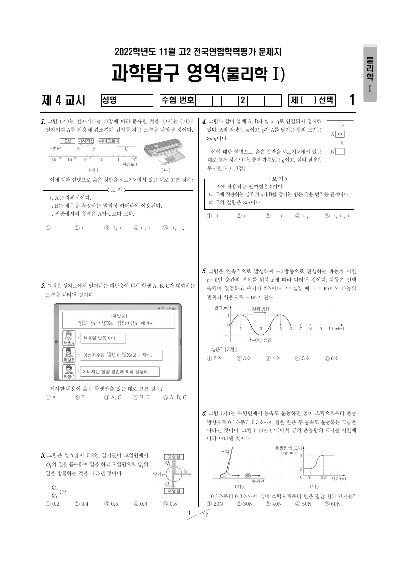 2022년 11월 고2 학력평가 물리학1 시험지 첫 페이지
