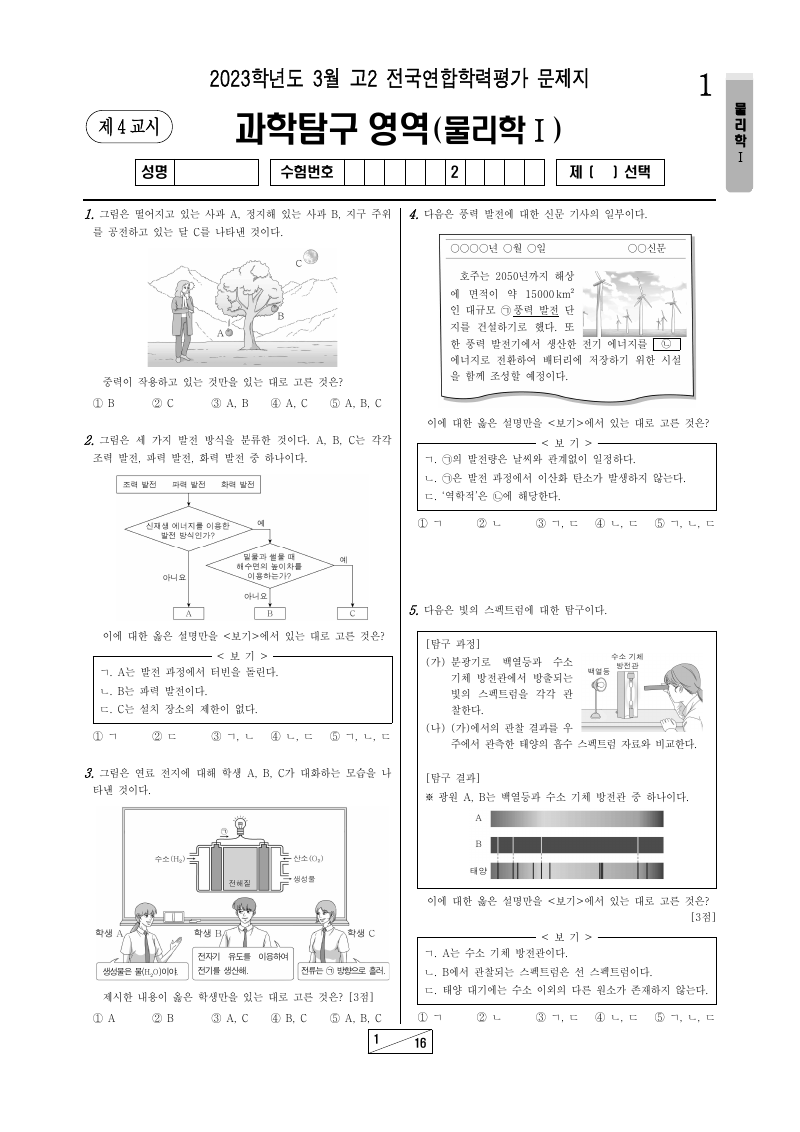 2023년 3월 고2 학력평가 물리학1 시험지 첫 페이지