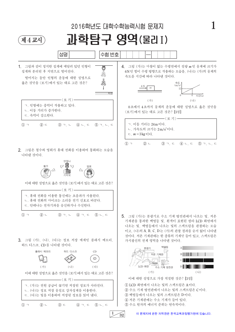 2016학년도 대학수학능력시험 물리학1 시험지 첫 페이지