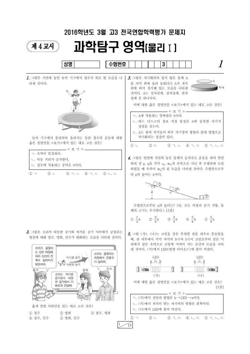 2016년 3월 고3 학력평가 물리학1 시험지 첫 페이지