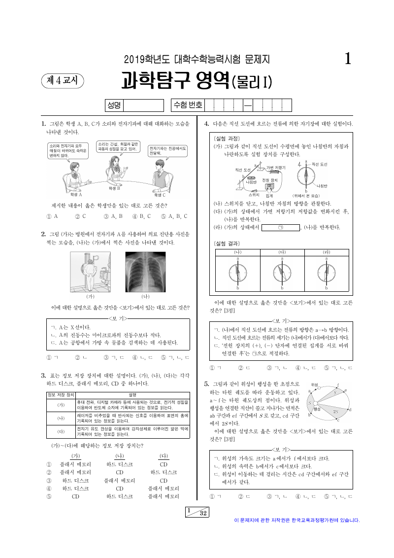 2019학년도 대학수학능력시험 물리학1 시험지 첫 페이지
