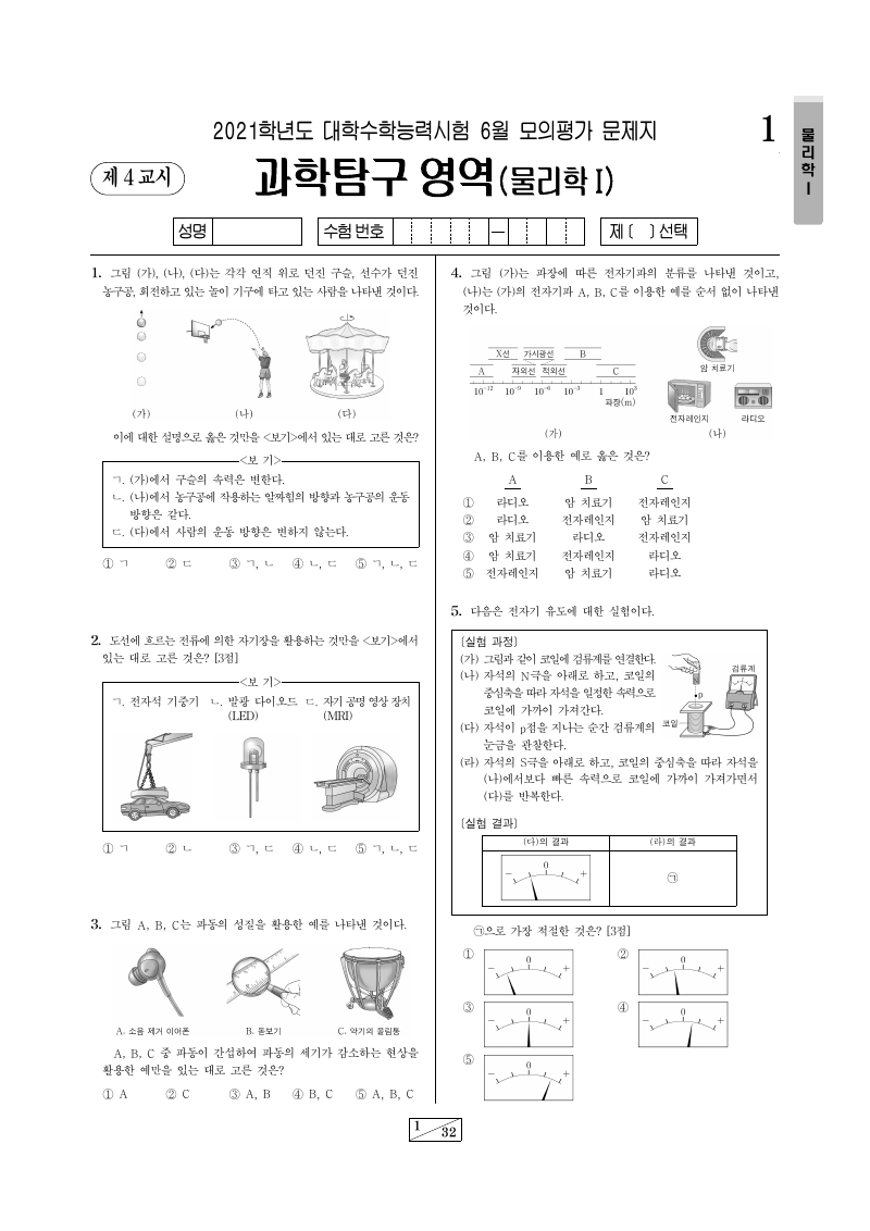 2021학년도 6월 모의평가 물리학1 시험지 첫 페이지