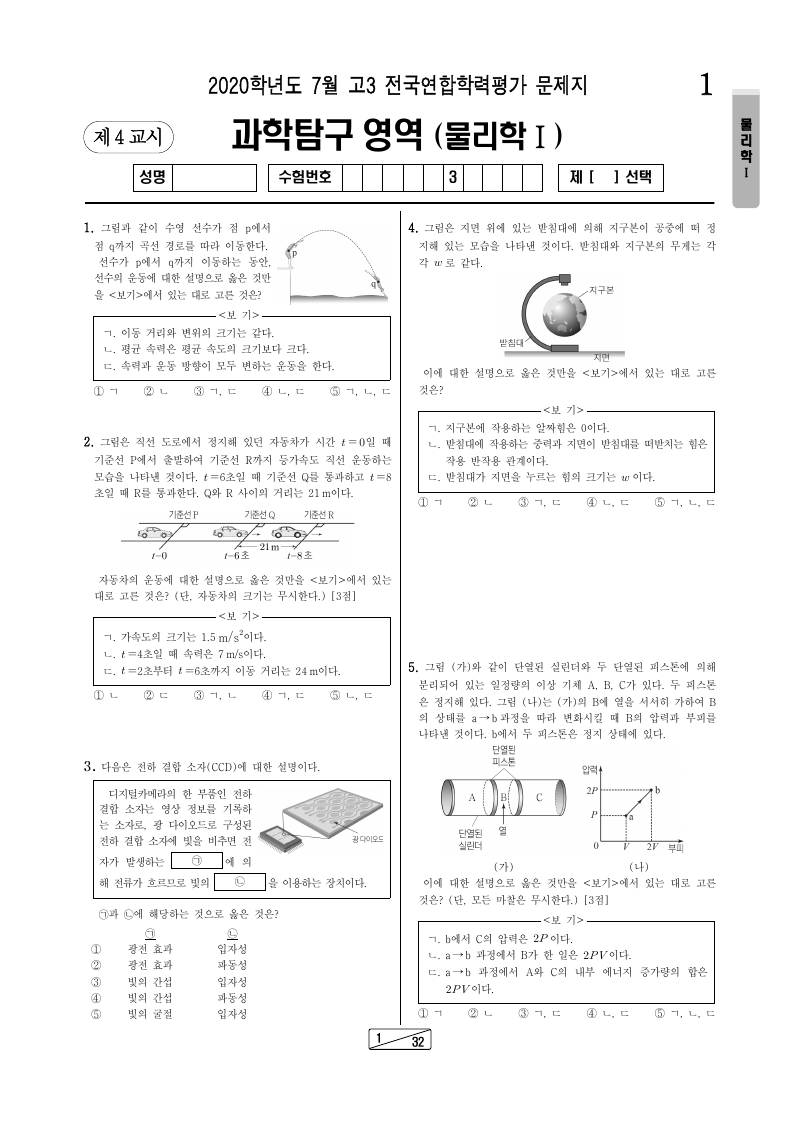 2020년 7월 고3 학력평가 물리학1 시험지 첫 페이지
