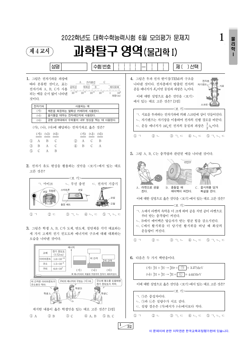 2022학년도 6월 모의평가 물리학1 시험지 첫 페이지