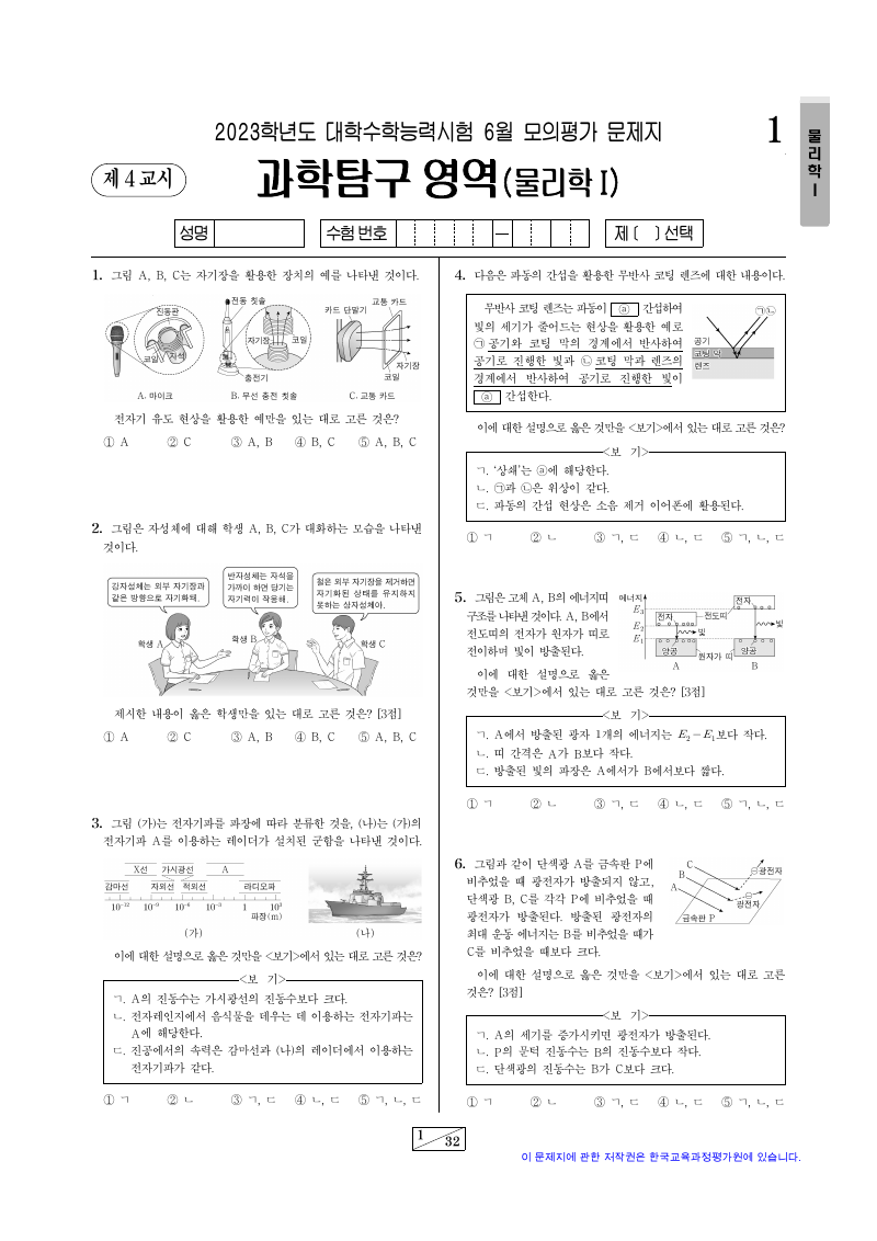 2023학년도 6월 모의평가 물리학1 시험지 첫 페이지