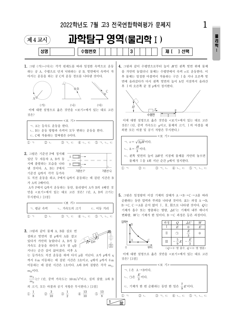 2022년 7월 고3 학력평가 물리학1 시험지 첫 페이지