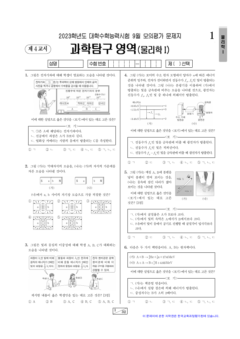 2023학년도 9월 모의평가 물리학1 시험지 첫 페이지
