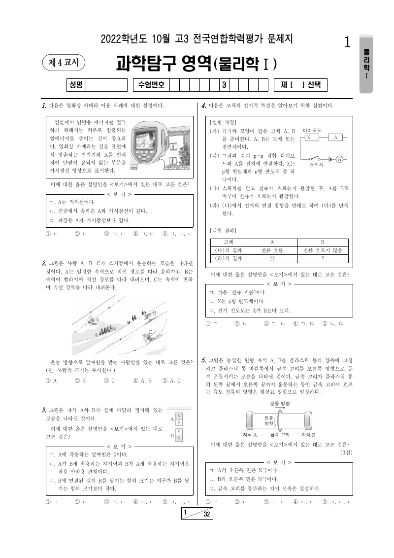 2022년 10월 고3 학력평가 물리학1 시험지 첫 페이지