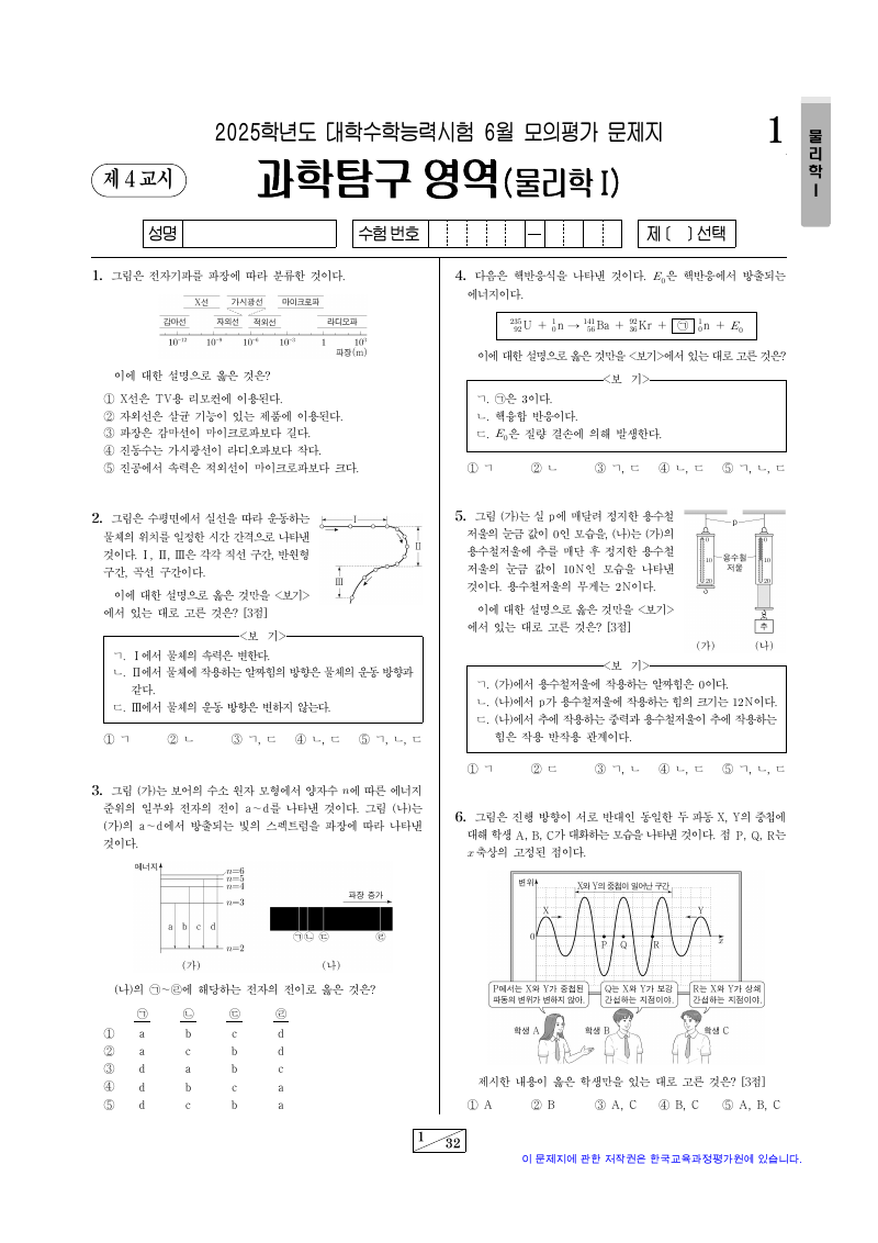 2025학년도 6월 모의평가 물리학1 시험지 첫 페이지