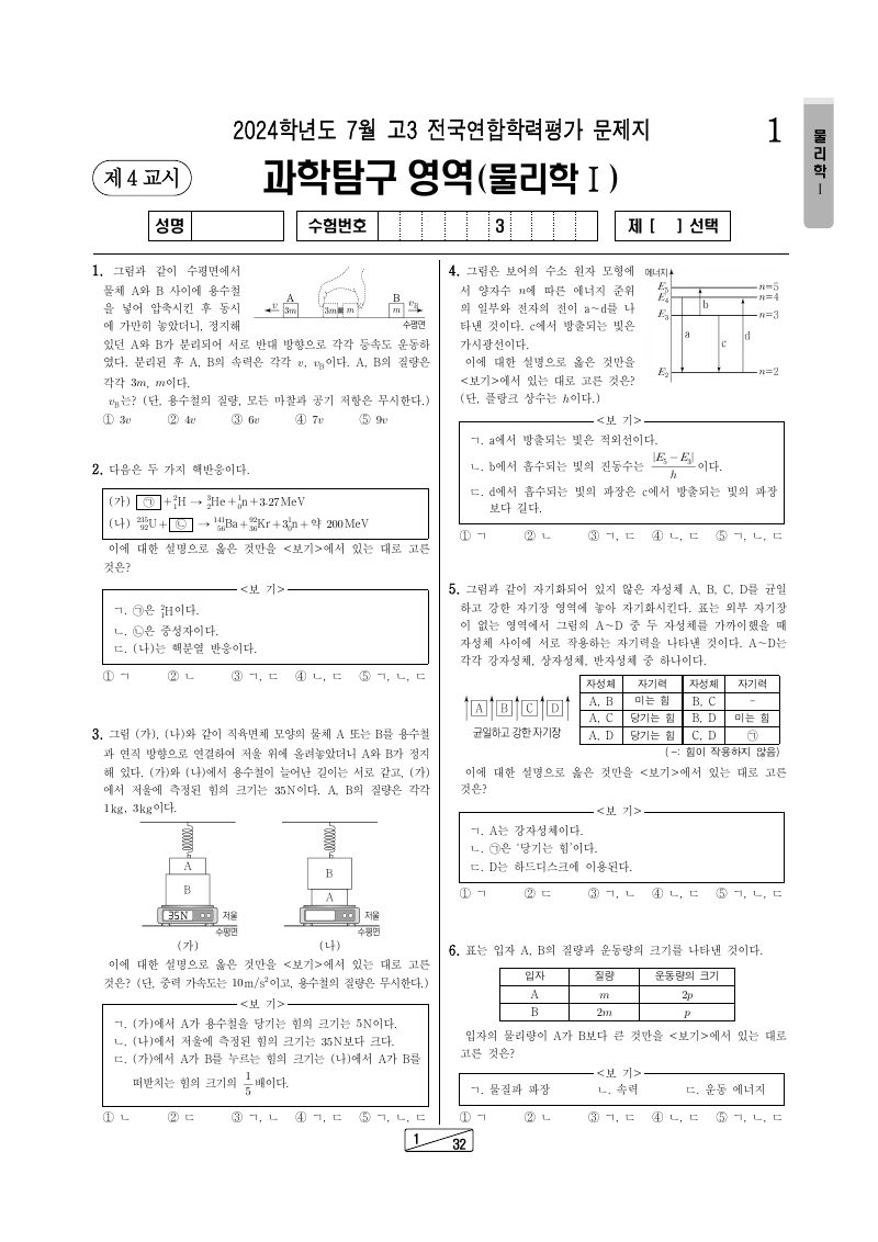 2024년 7월 고3 학력평가 물리학1 시험지 첫 페이지