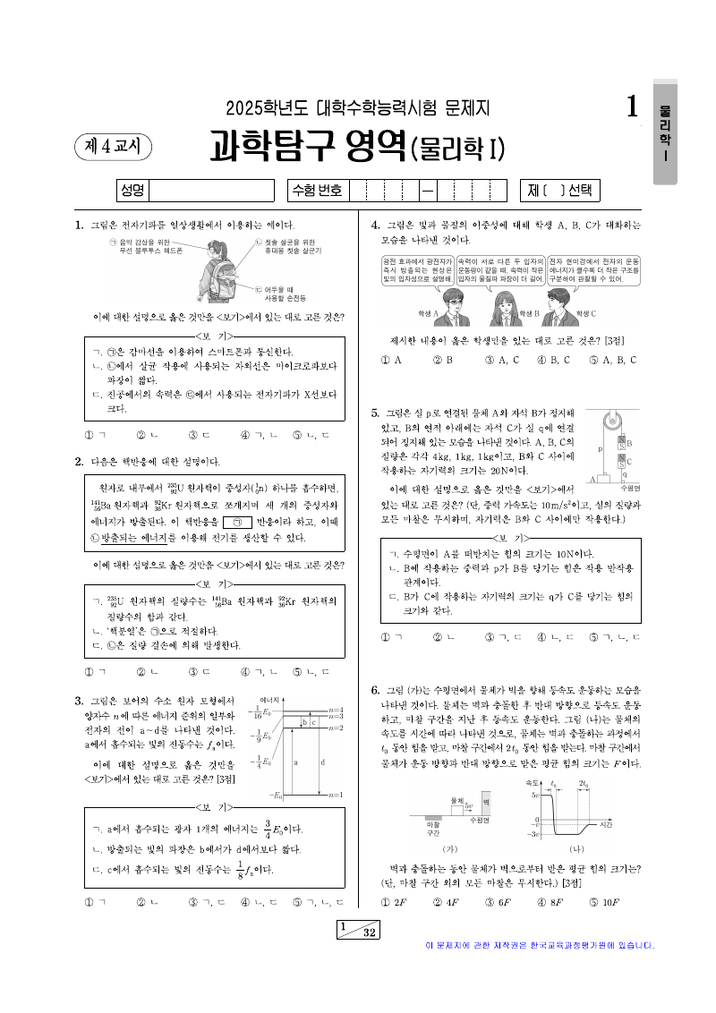 2025학년도 대학수학능력시험 물리학1 시험지 첫 페이지