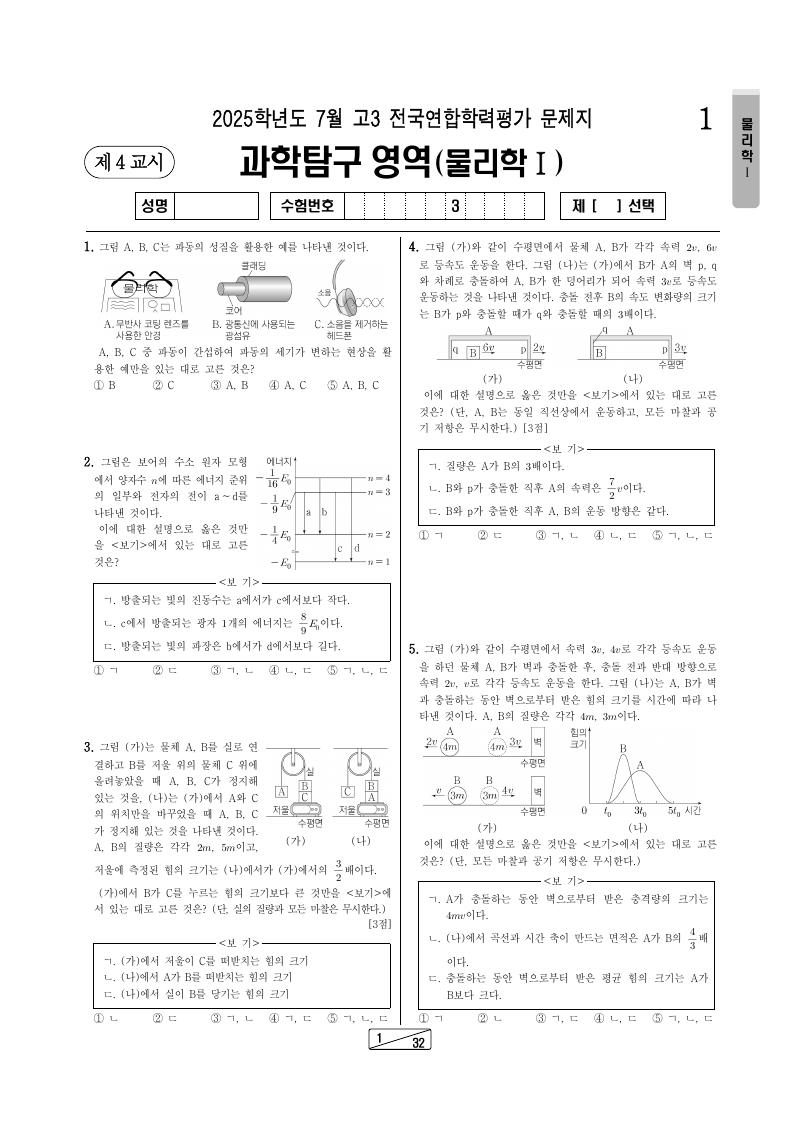 2025년 7월 고3 학력평가 물리학1 시험지 첫 페이지