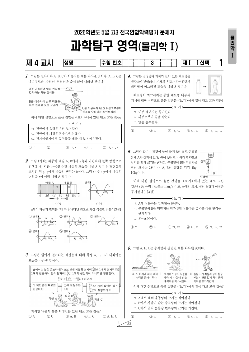 2026년 5월 고3 학력평가 물리학1 시험지 첫 페이지