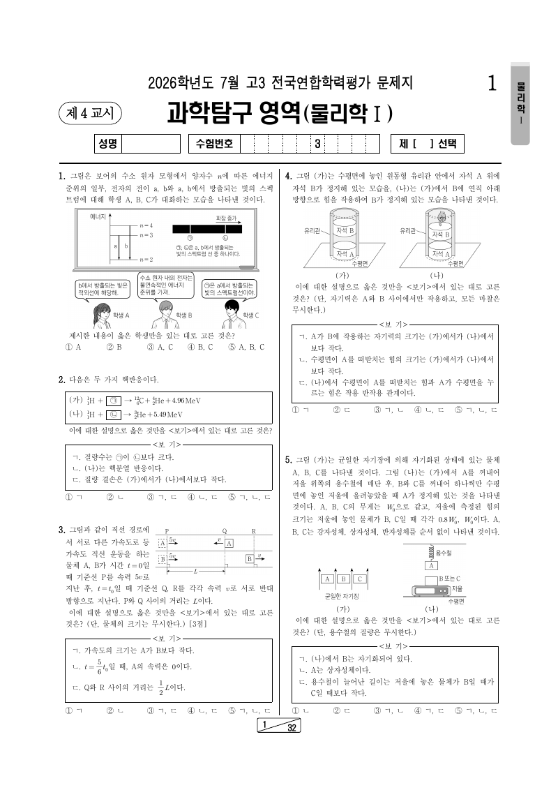 2026년 7월 고3 학력평가 물리학1 시험지 첫 페이지
