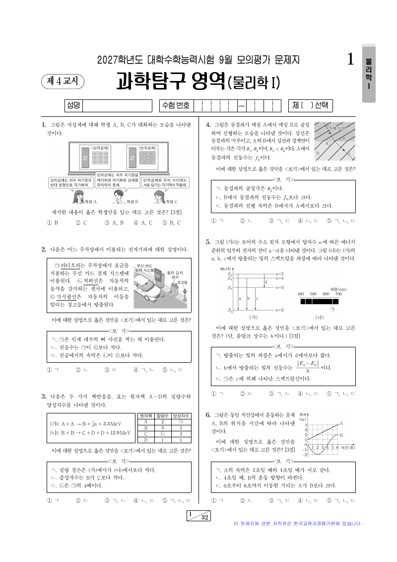 2027학년도 9월 모의평가 물리학1 시험지 첫 페이지