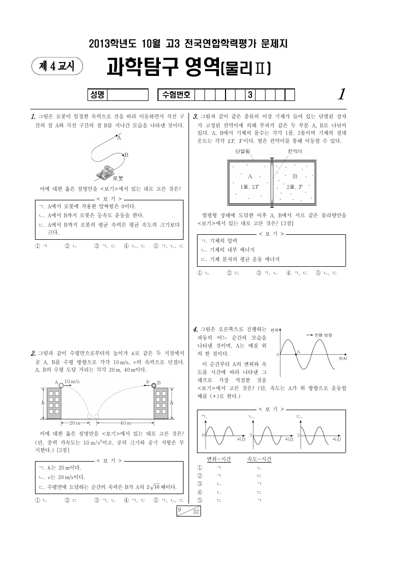 2013년 10월 고3 학력평가 물리학2 시험지 첫 페이지
