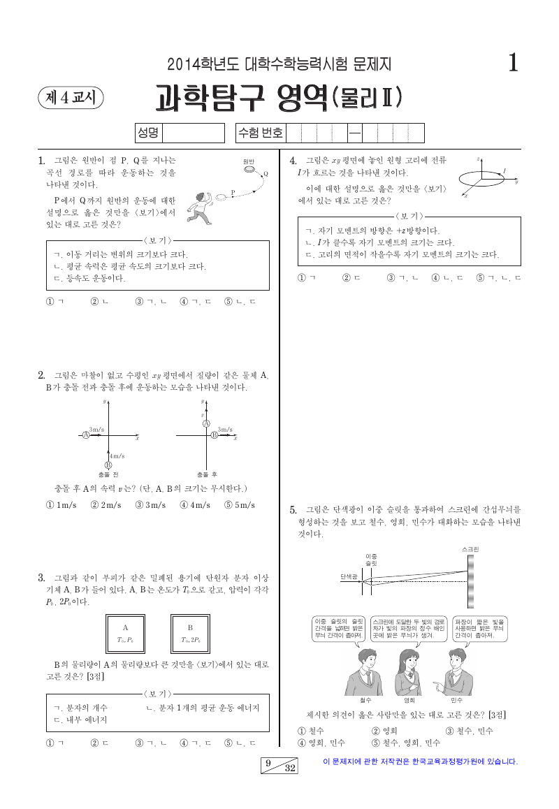 2014학년도 대학수학능력시험 물리학2 시험지 첫 페이지