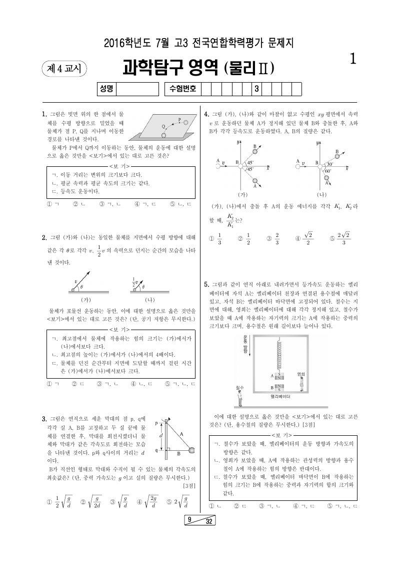 2016년 7월 고3 학력평가 물리학2 시험지 첫 페이지