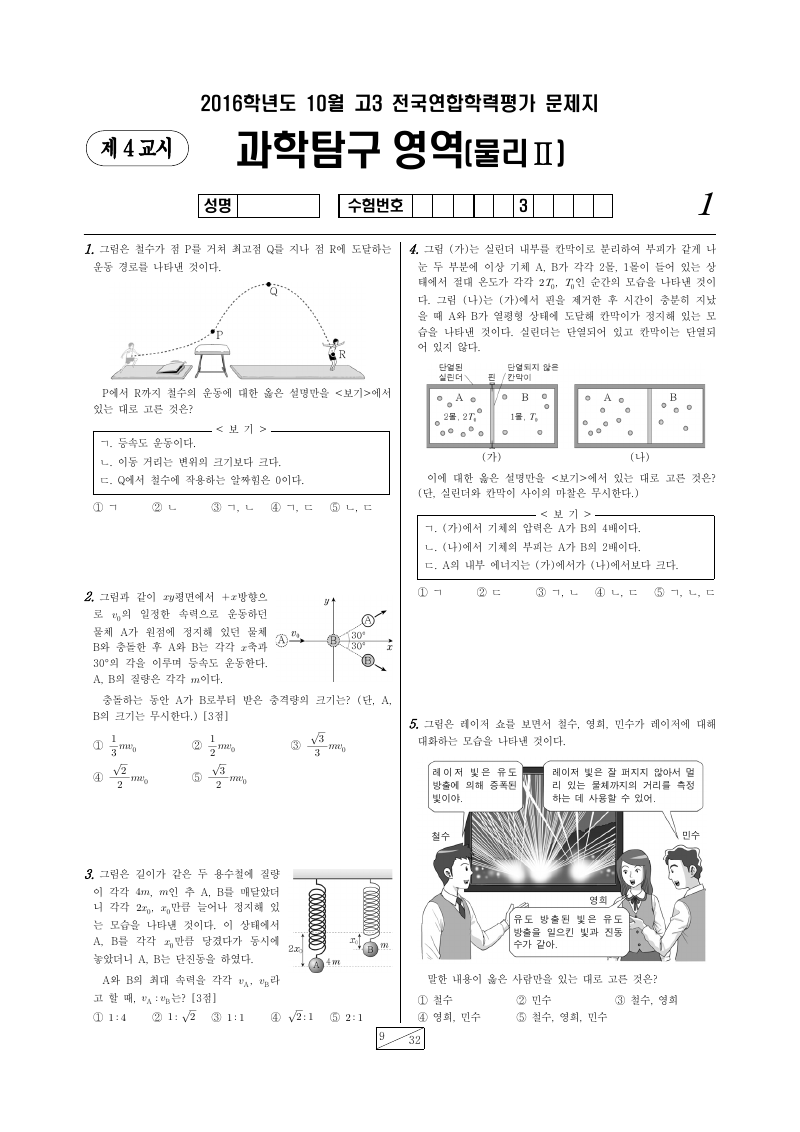 2016년 10월 고3 학력평가 물리학2 시험지 첫 페이지