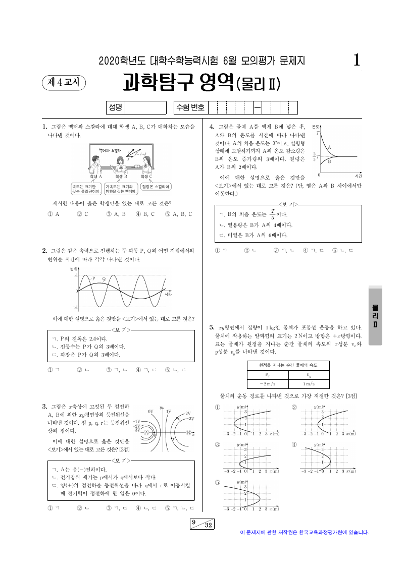 2020학년도 6월 모의평가 물리학2 시험지 첫 페이지