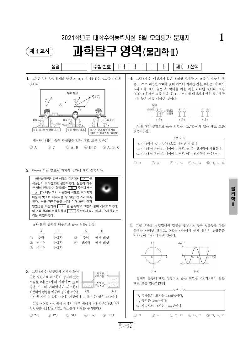 2021학년도 6월 모의평가 물리학2 시험지 첫 페이지