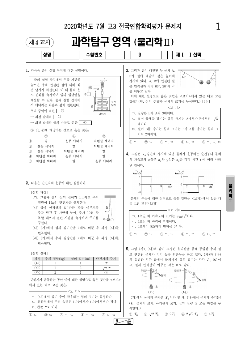 2020년 7월 고3 학력평가 물리학2 시험지 첫 페이지