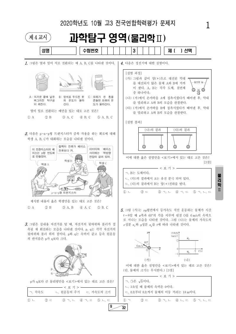 2020년 10월 고3 학력평가 물리학2 시험지 첫 페이지