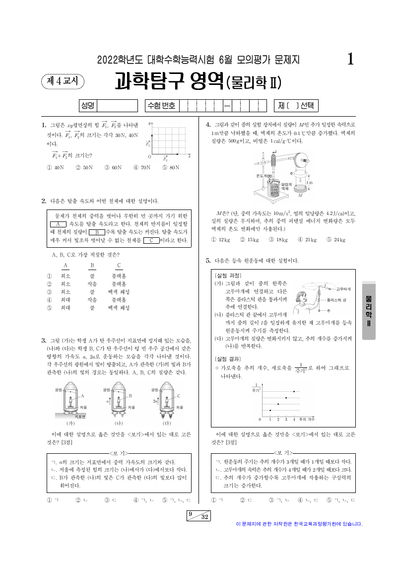 2022학년도 6월 모의평가 물리학2 시험지 첫 페이지