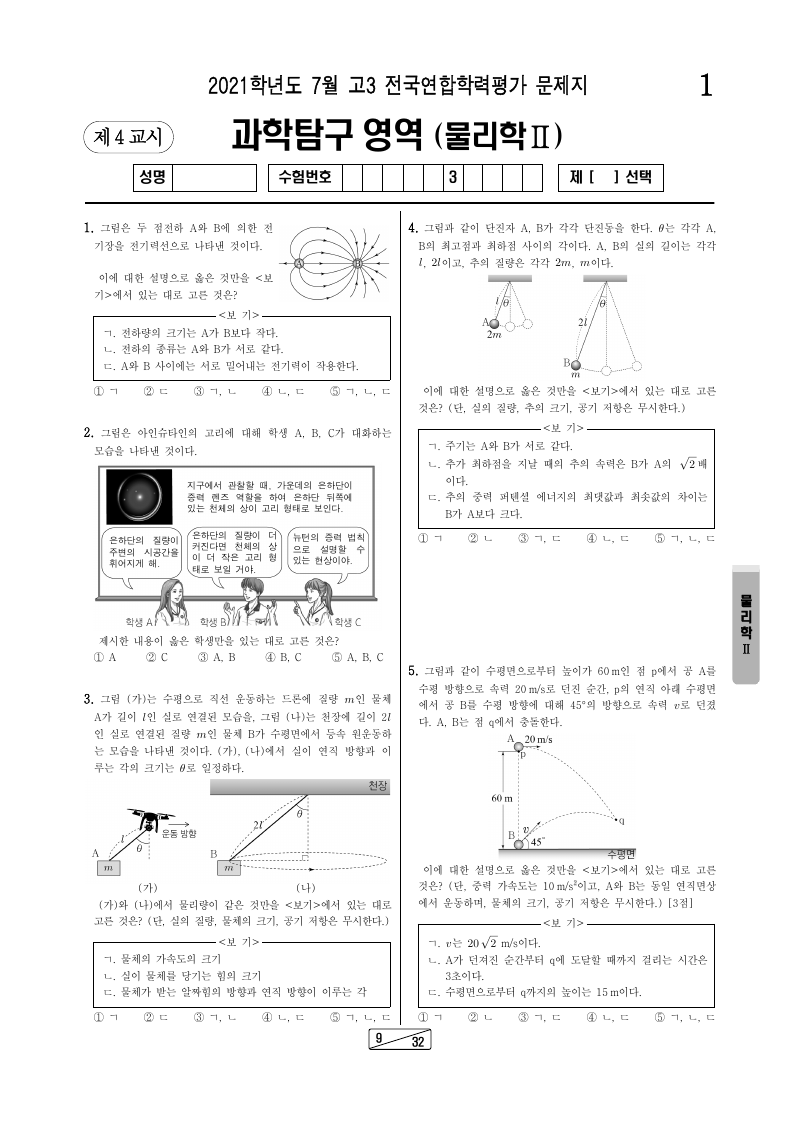 2021년 7월 고3 학력평가 물리학2 시험지 첫 페이지