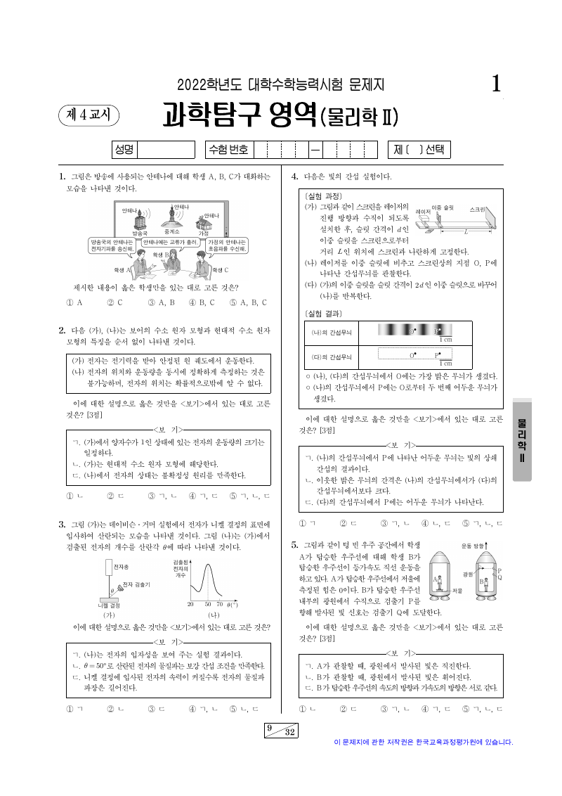 2022학년도 대학수학능력시험 물리학2 시험지 첫 페이지