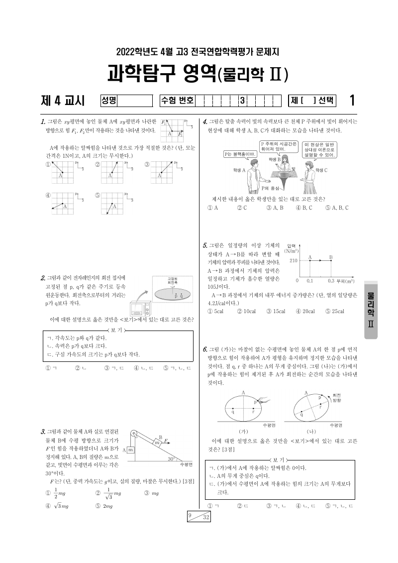 2022년 4월 고3 학력평가 물리학2 시험지 첫 페이지