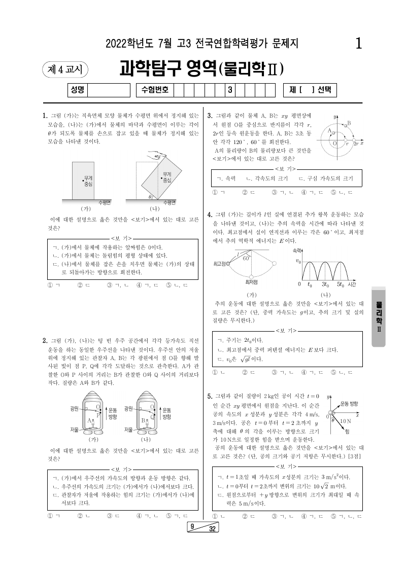 2022년 7월 고3 학력평가 물리학2 시험지 첫 페이지