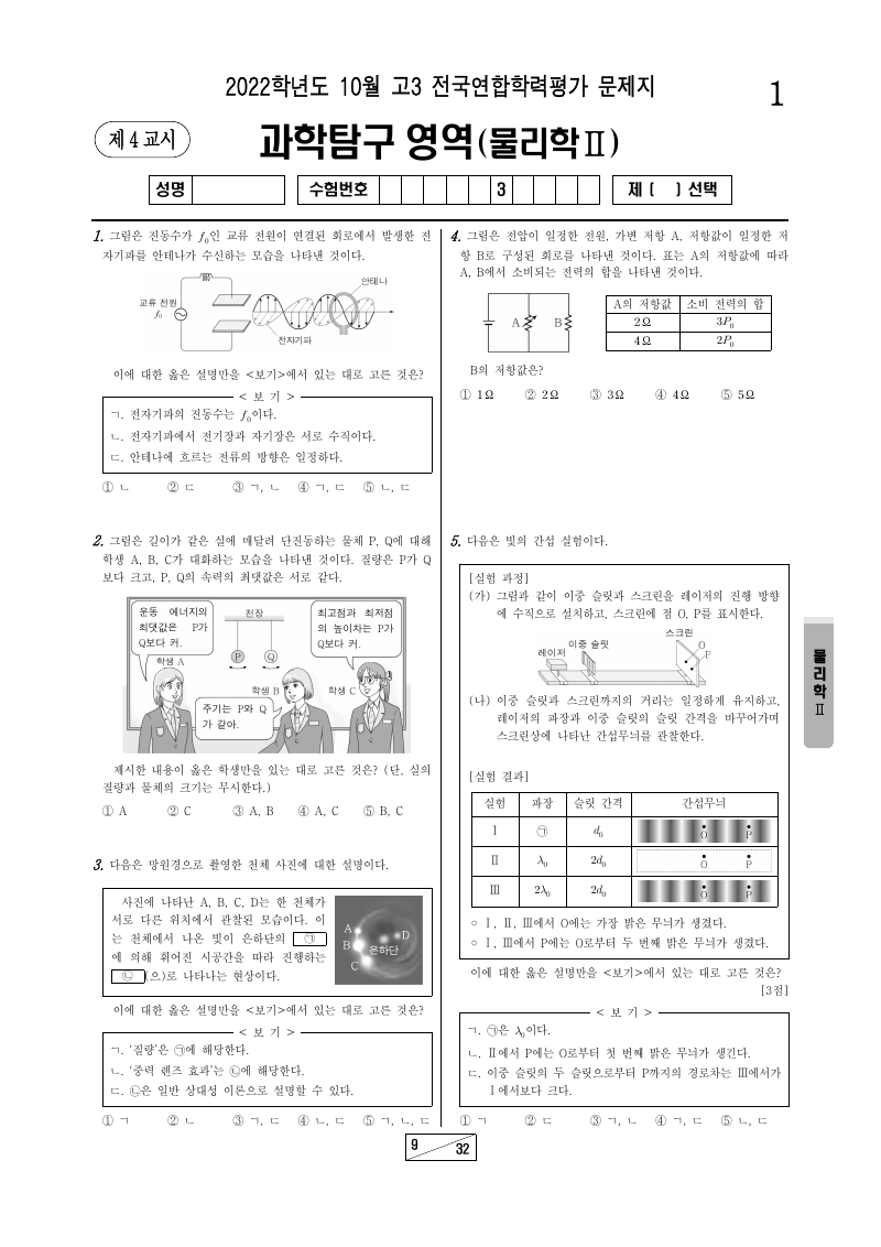 2022년 10월 고3 학력평가 물리학2 시험지 첫 페이지
