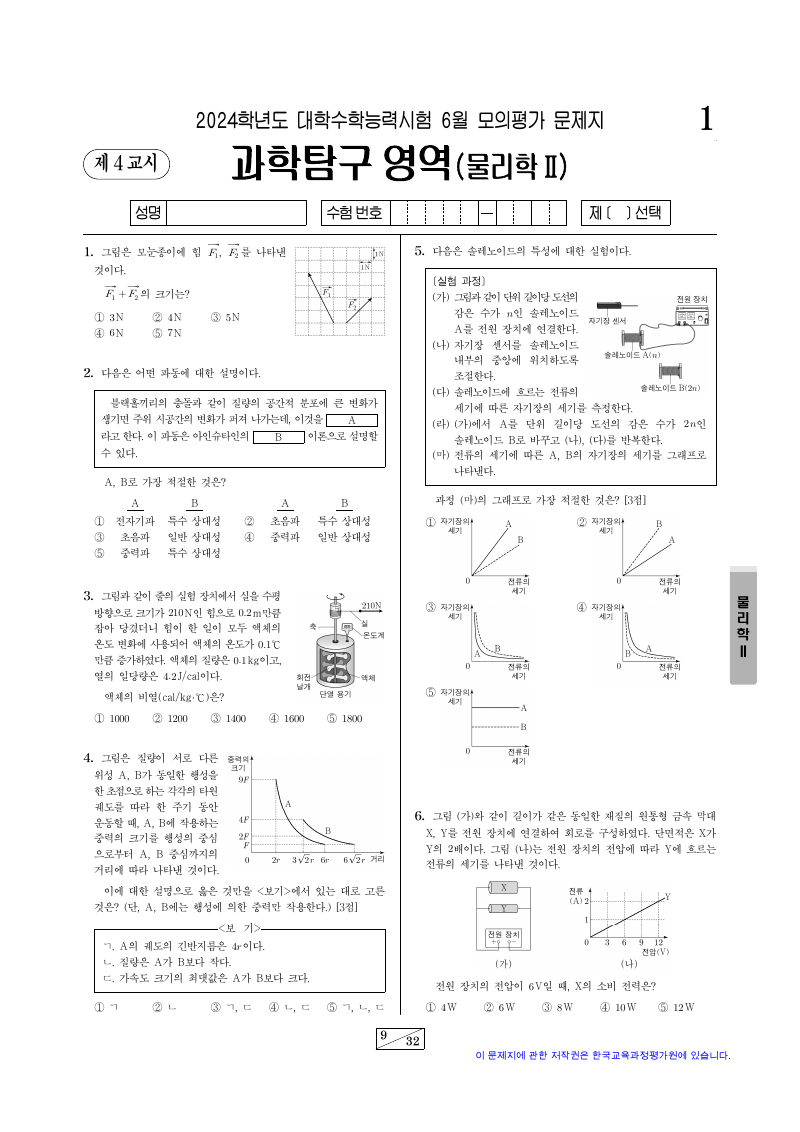 2024학년도 6월 모의평가 물리학2 시험지 첫 페이지