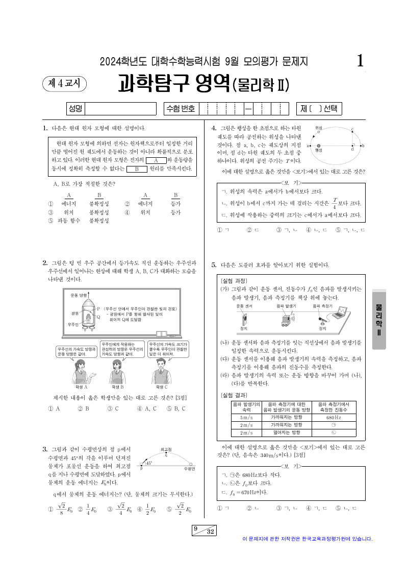 2024학년도 9월 모의평가 물리학2 시험지 첫 페이지