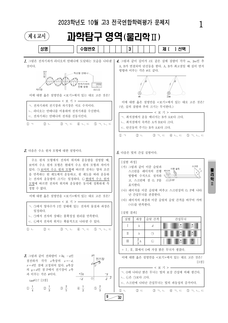 2023년 10월 고3 학력평가 물리학2 시험지 첫 페이지