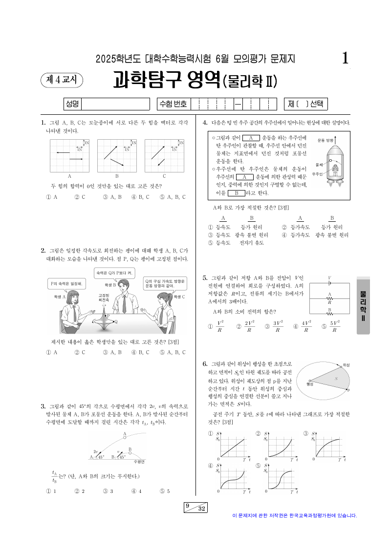 2025학년도 6월 모의평가 물리학2 시험지 첫 페이지