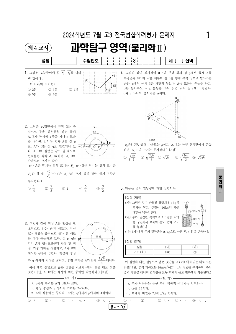 2024년 7월 고3 학력평가 물리학2 시험지 첫 페이지