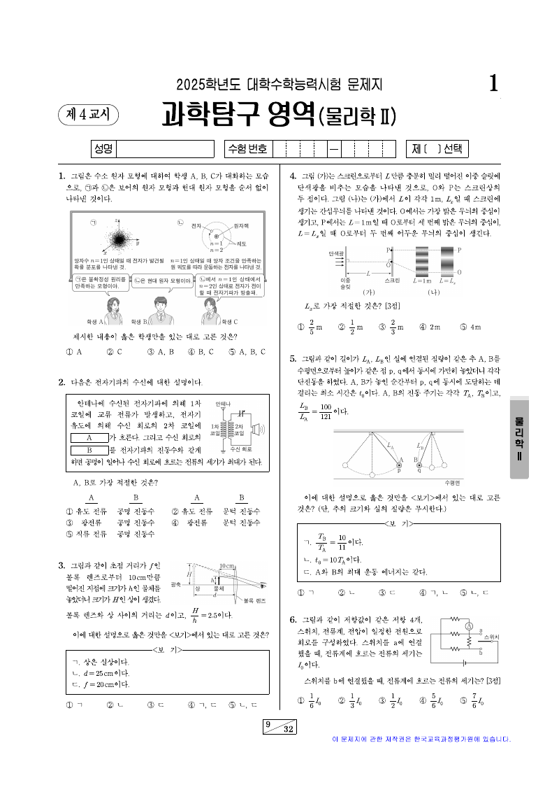 2025학년도 대학수학능력시험 물리학2 시험지 첫 페이지